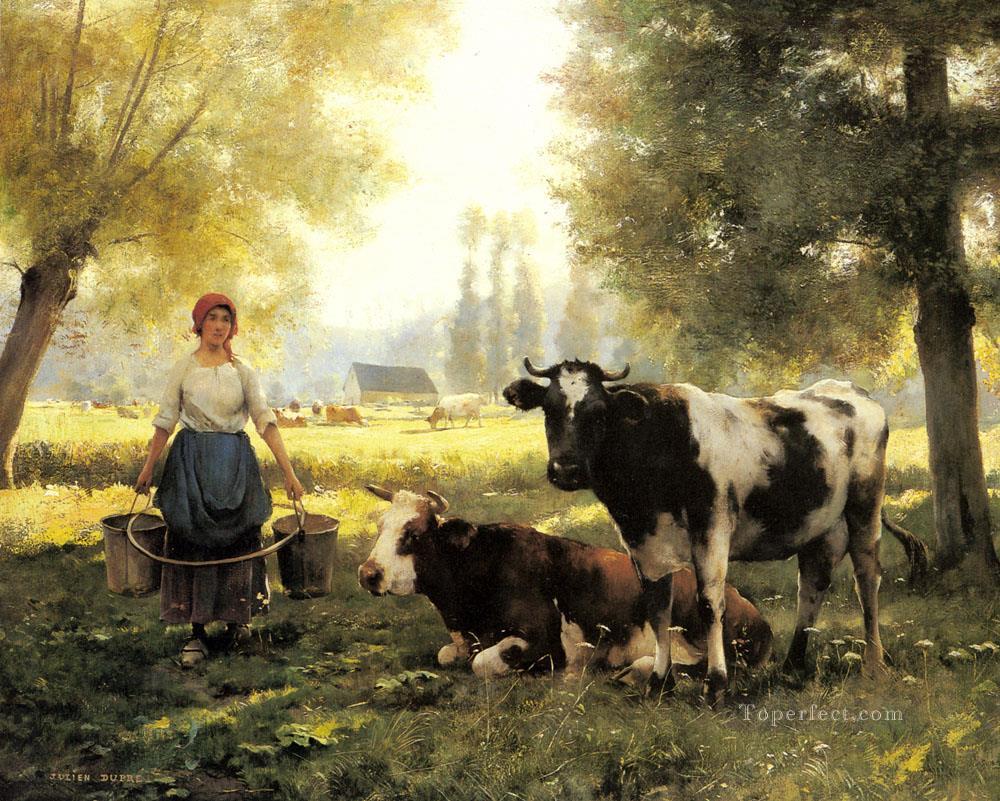Una lechera con sus vacas en un día de verano Vida en la granja Realismo Julien Dupre Pintura al óleo